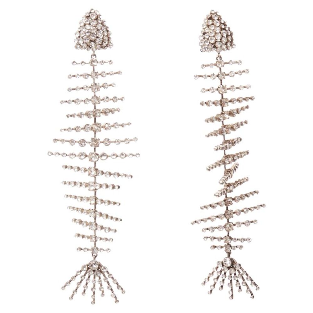 Saint Laurent Crystal Spiral Fish Bone Dangling Clip On Earrings - Picture 2 of 6